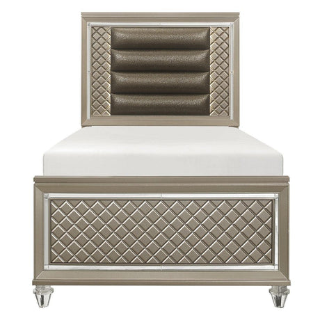 Loudon Champagne Metallic Wood, Engineered Wood Faux Leather Upholstered Youth Twin Platform Bed - Ella Furniture