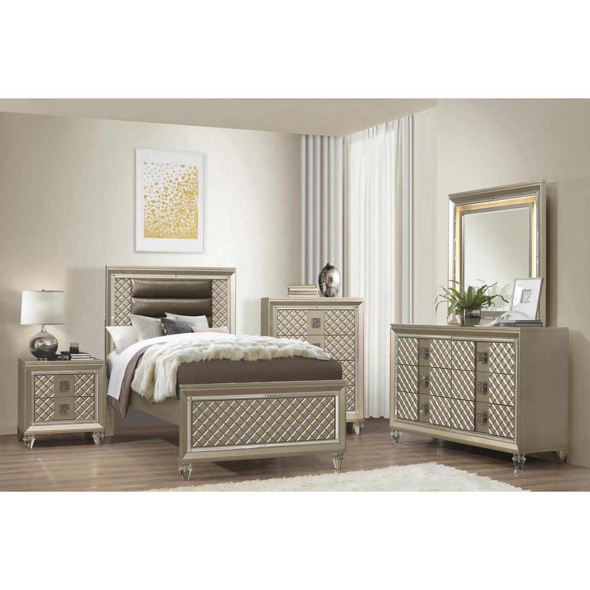 Loudon Champagne Metallic Wood, Engineered Wood Faux Leather Upholstered Youth Twin Platform Bed - Ella Furniture