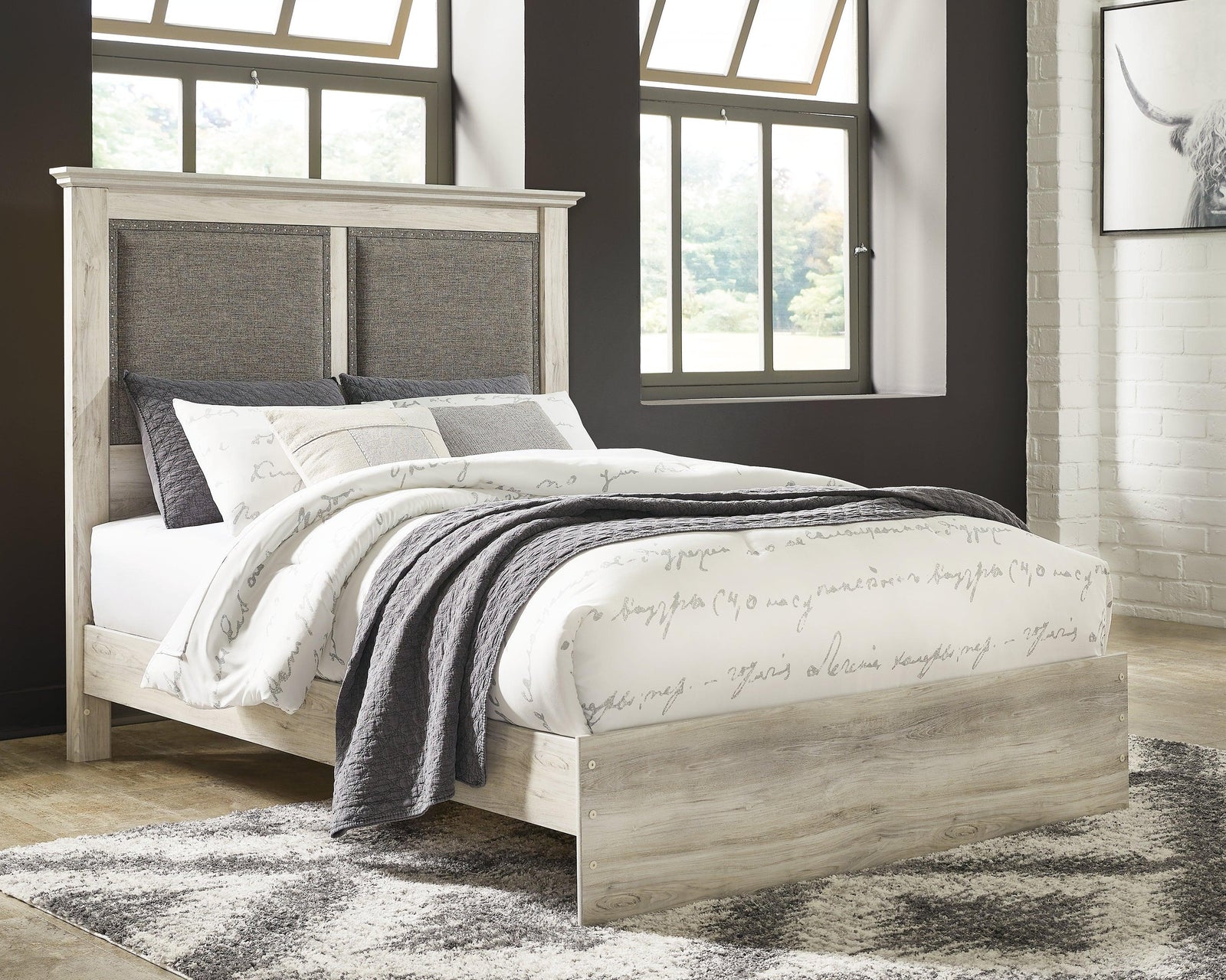 Cambeck Whitewash King Upholstered Panel Bed - Ella Furniture