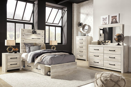 Cambeck Whitewash Twin Panel Bed With 4 Storage Drawers - Ella Furniture