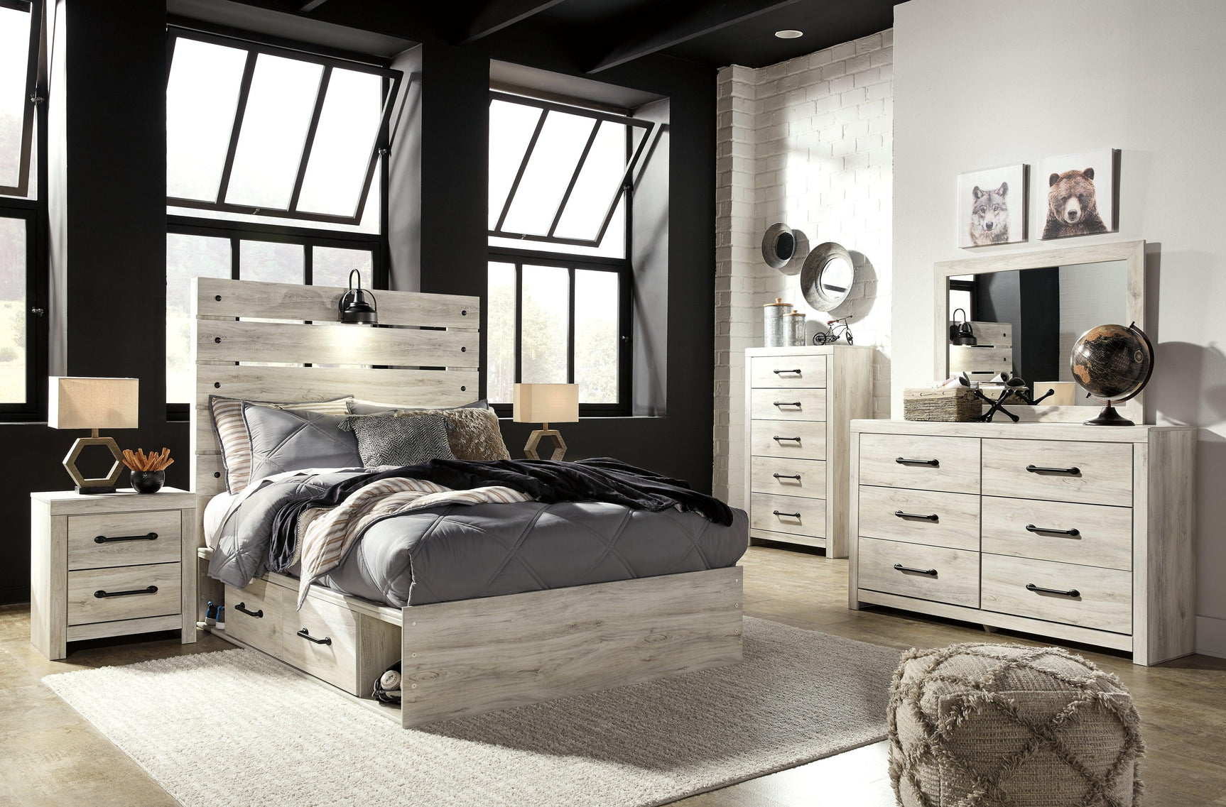 Cambeck Whitewash Full Panel Bed With 2 Storage Drawers - Ella Furniture