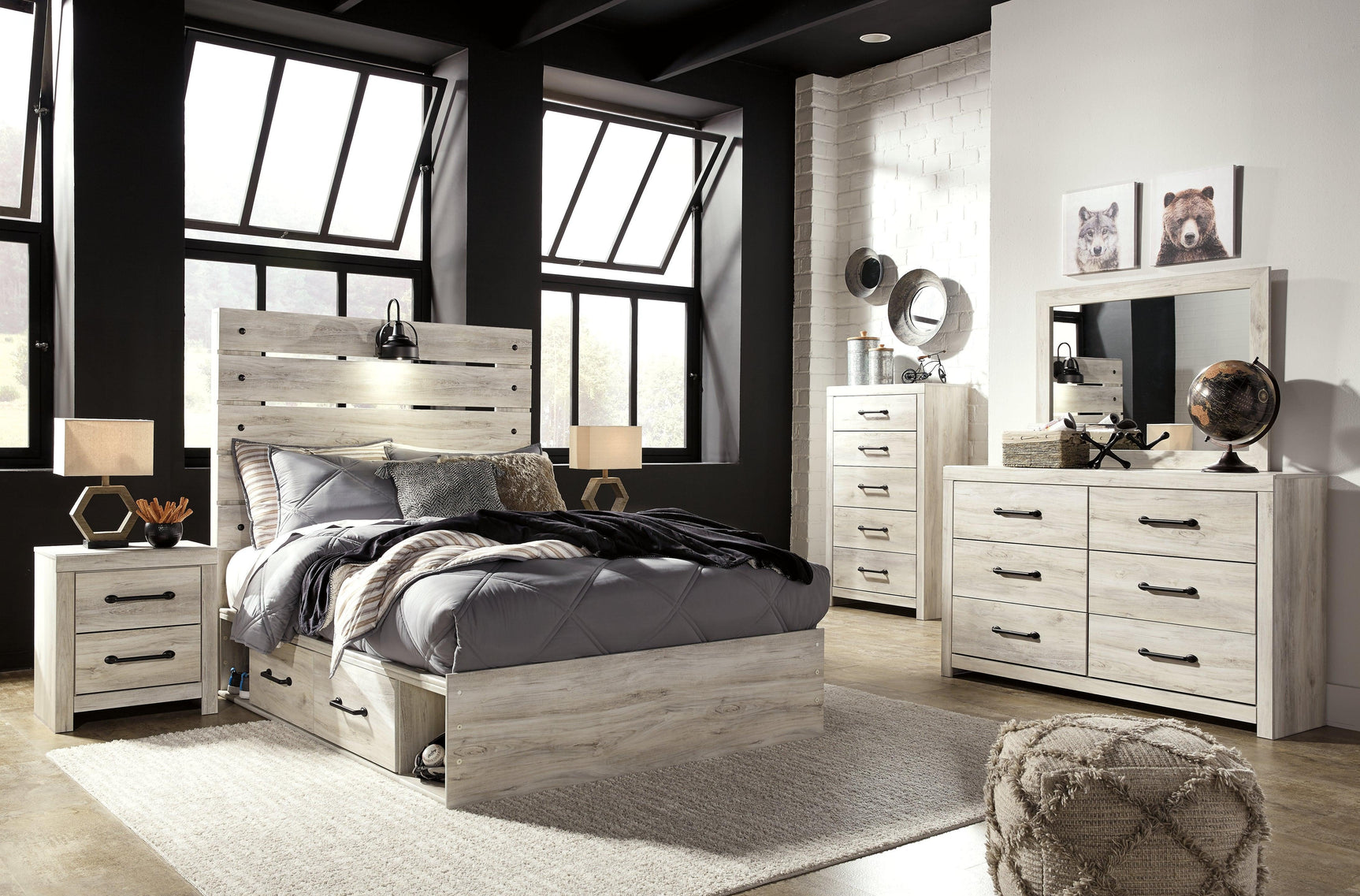Cambeck Whitewash Full Panel Bed With 4 Storage Drawers - Ella Furniture