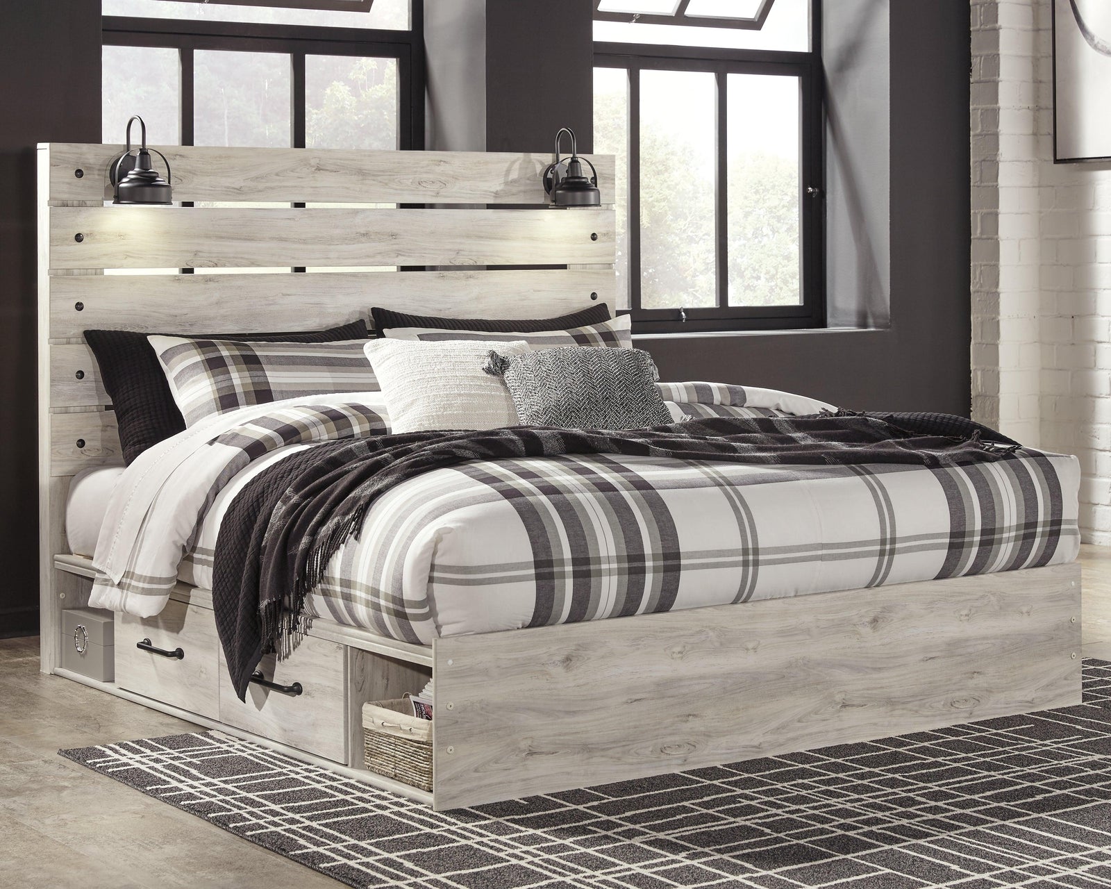 Cambeck Whitewash King Panel Bed With 2 Storage Drawers
