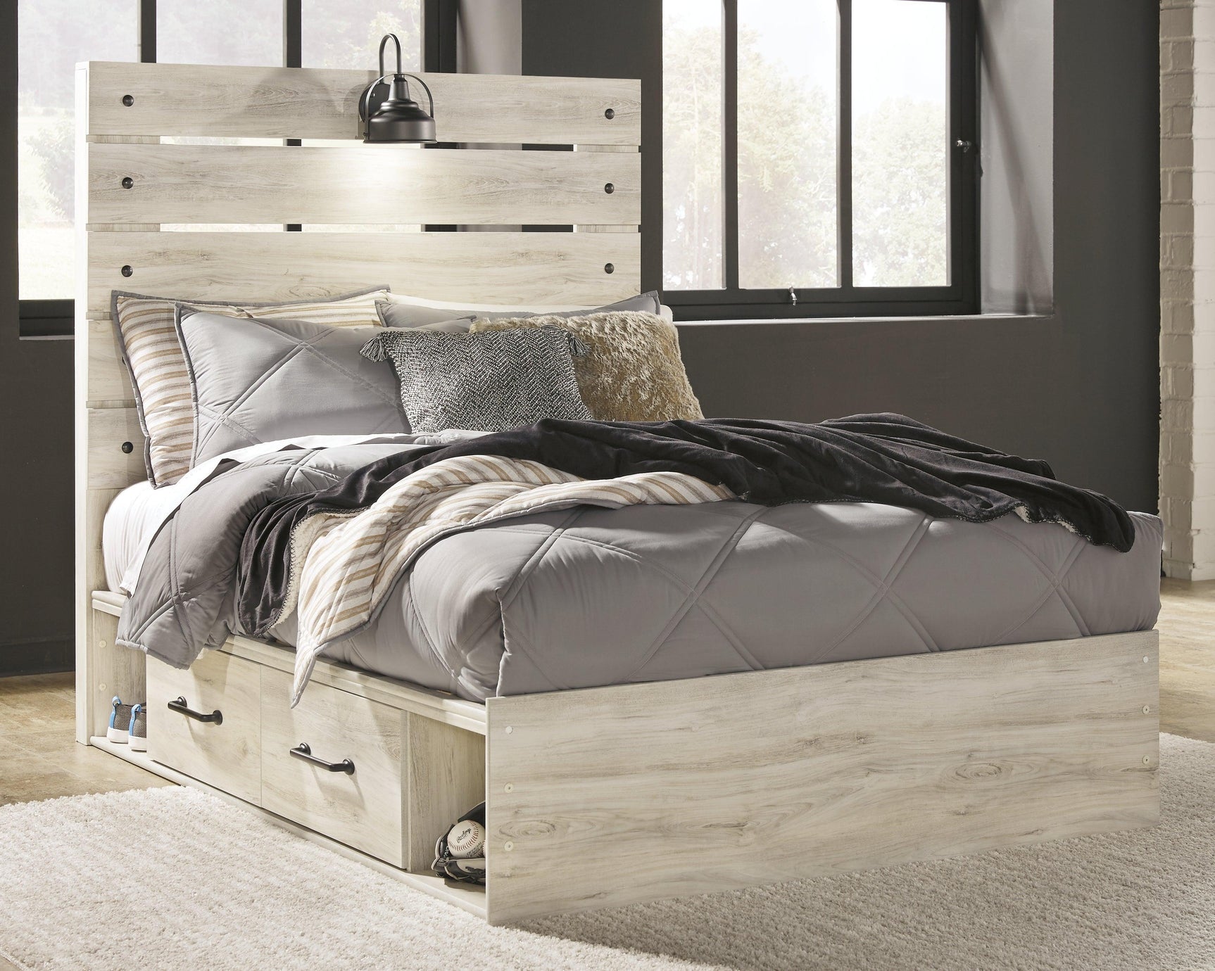 Cambeck Whitewash Full Panel Bed With 4 Storage Drawers - Ella Furniture