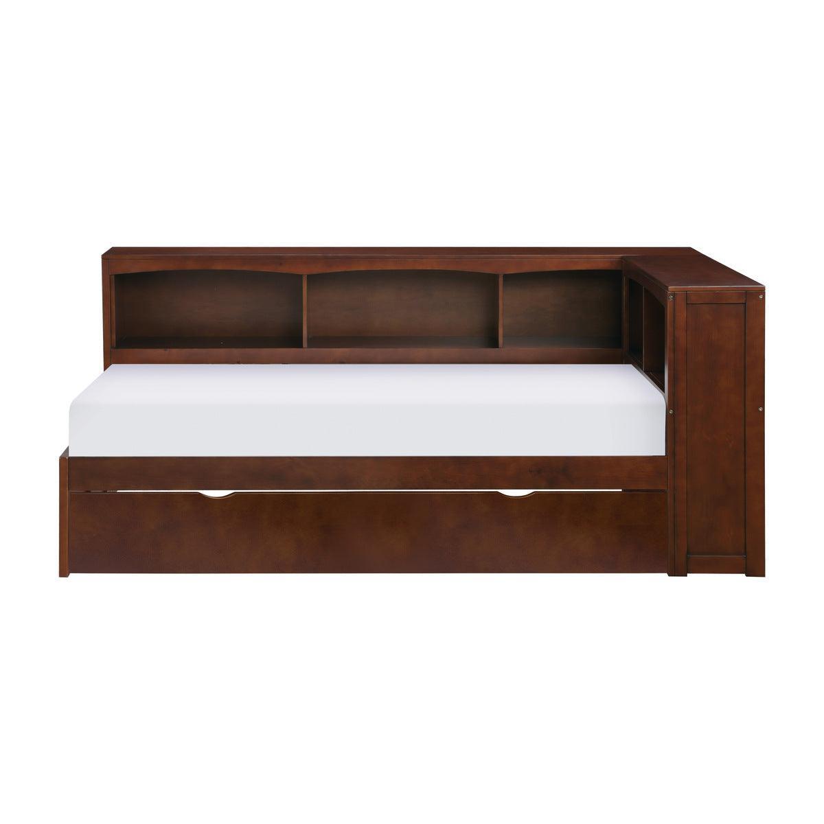 Rowe Dark Cherry Engineered Wood Youth Twin Bookcase Platform Corner Bedroom Set With Youth Trundle - Ella Furniture
