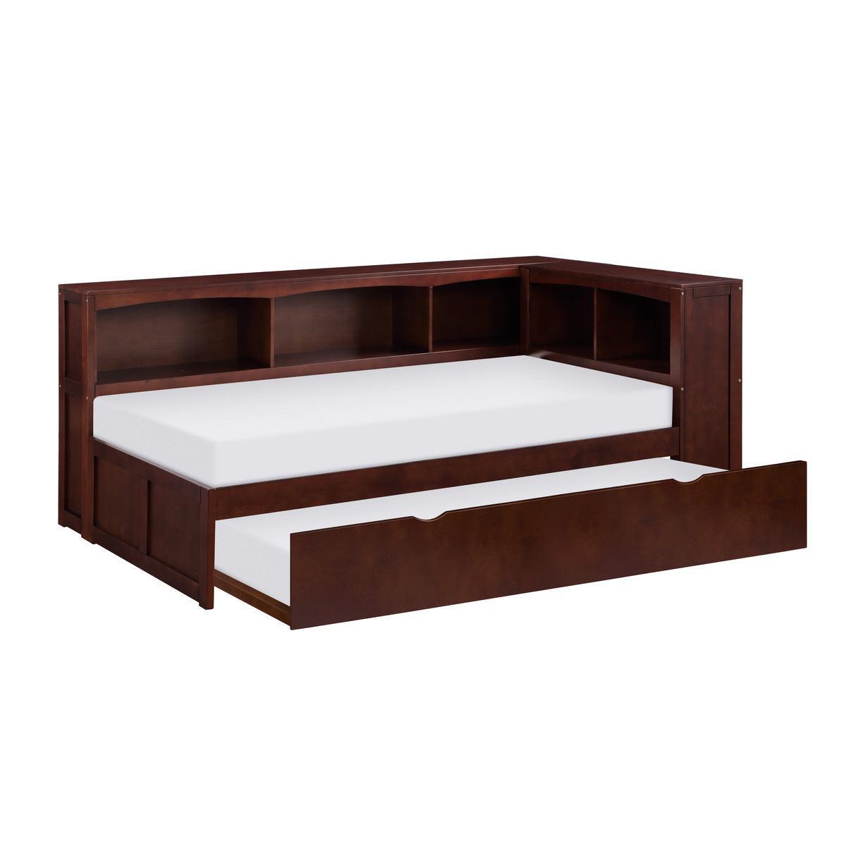 Rowe Dark Cherry Engineered Wood Youth Twin Bookcase Platform Corner Bedroom Set With Youth Trundle - Ella Furniture