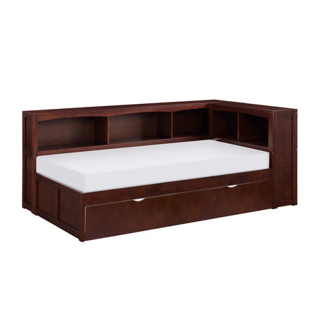 Rowe Dark Cherry Engineered Wood Youth Twin Bookcase Platform Corner Bedroom Set With Youth Trundle - Ella Furniture