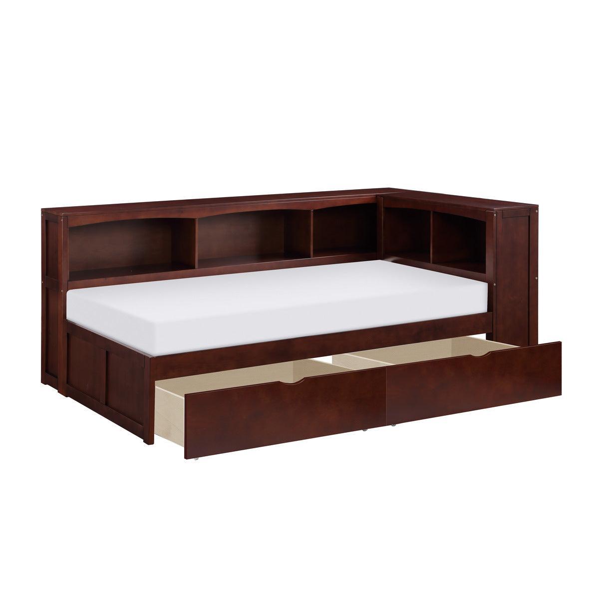 Rowe Dark Cherry Pine Veneer, Wood, Engineered Wood Twin Bookcase Corner Bed With Storage Boxes - Ella Furniture