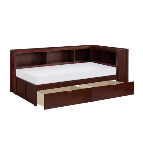 Rowe Dark Cherry Pine Veneer, Wood, Engineered Wood Twin Bookcase Corner Bed With Storage Boxes - Ella Furniture