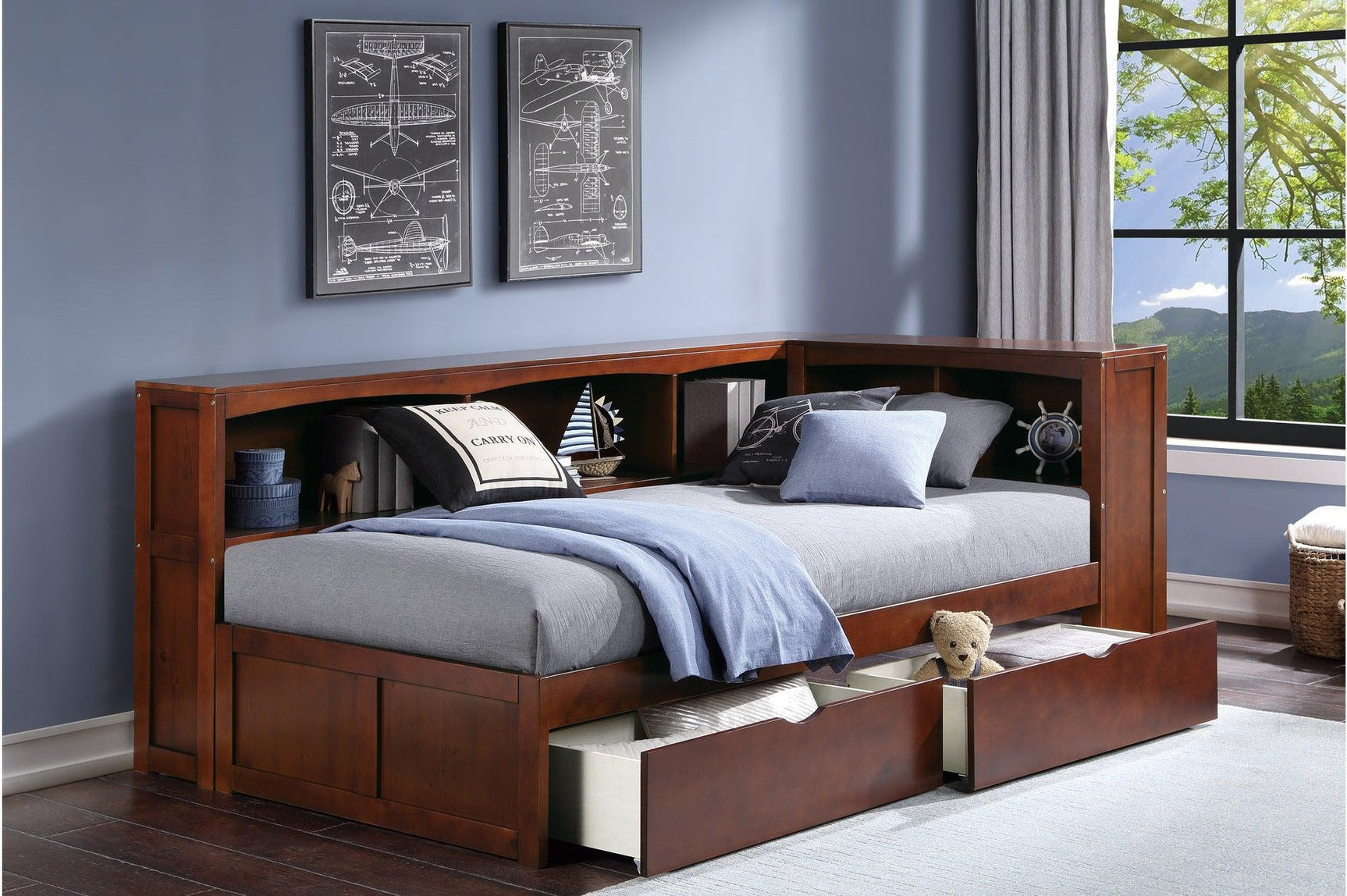Rowe Dark Cherry Modern Contemporary Transitional Solid Wood Bookcase Youth Panel Bedroom Set - Ella Furniture