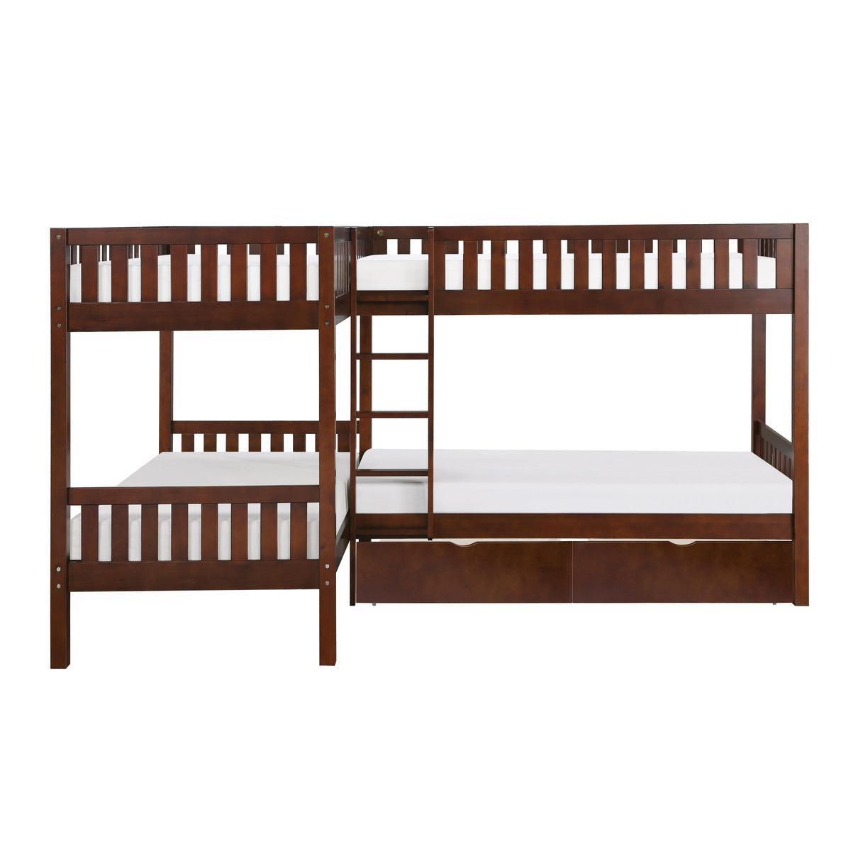 Rowe Dark Cherry Transitional Pine Veneer Wood Engineered Wood Corner Bunk Bed With Storage Boxes - Ella Furniture