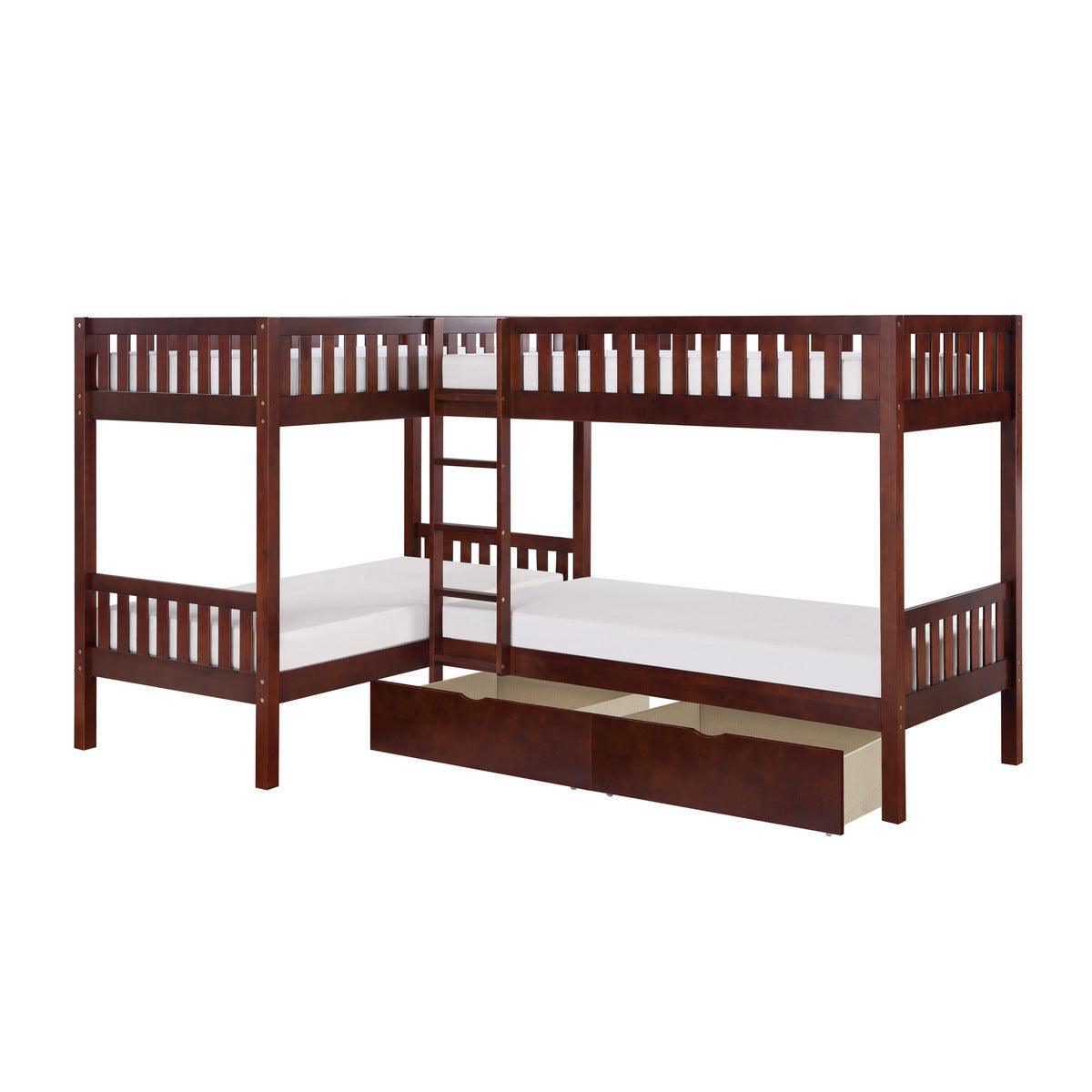 Rowe Dark Cherry Transitional Pine Veneer Wood Engineered Wood Corner Bunk Bed With Storage Boxes - Ella Furniture