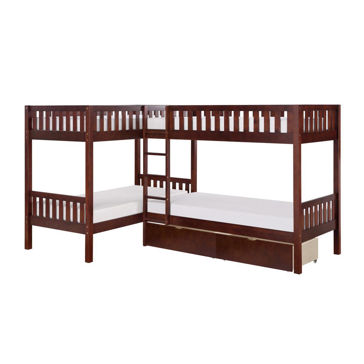 Rowe Dark Cherry Transitional Pine Veneer Wood Engineered Wood Corner Bunk Bed With Storage Boxes - Ella Furniture