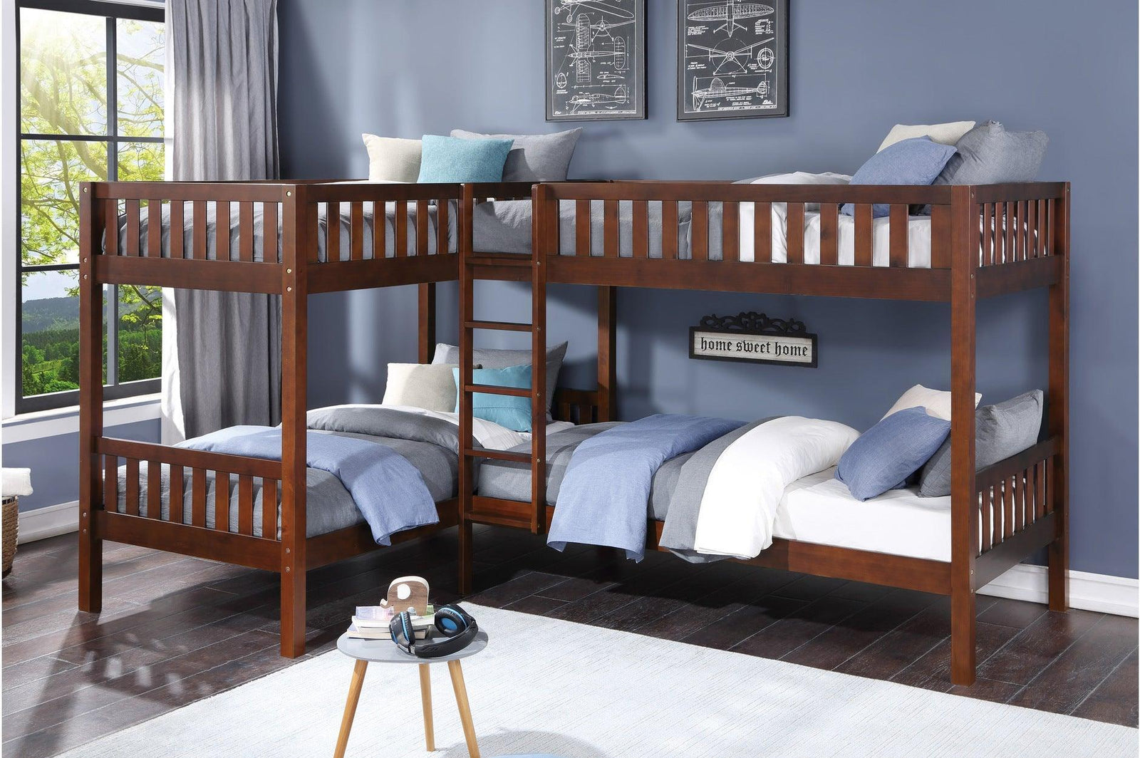 Rowe Dark Cherry Pine Veneer, Wood And Engineered Wood Corner Bunk Bed Youth Bedroom Set - Ella Furniture