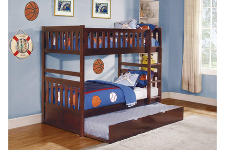 Rowe Dark Cherry Transitional Youth Twin Bookcase Platform Corner Bedroom Set With Youth Trundle - Ella Furniture