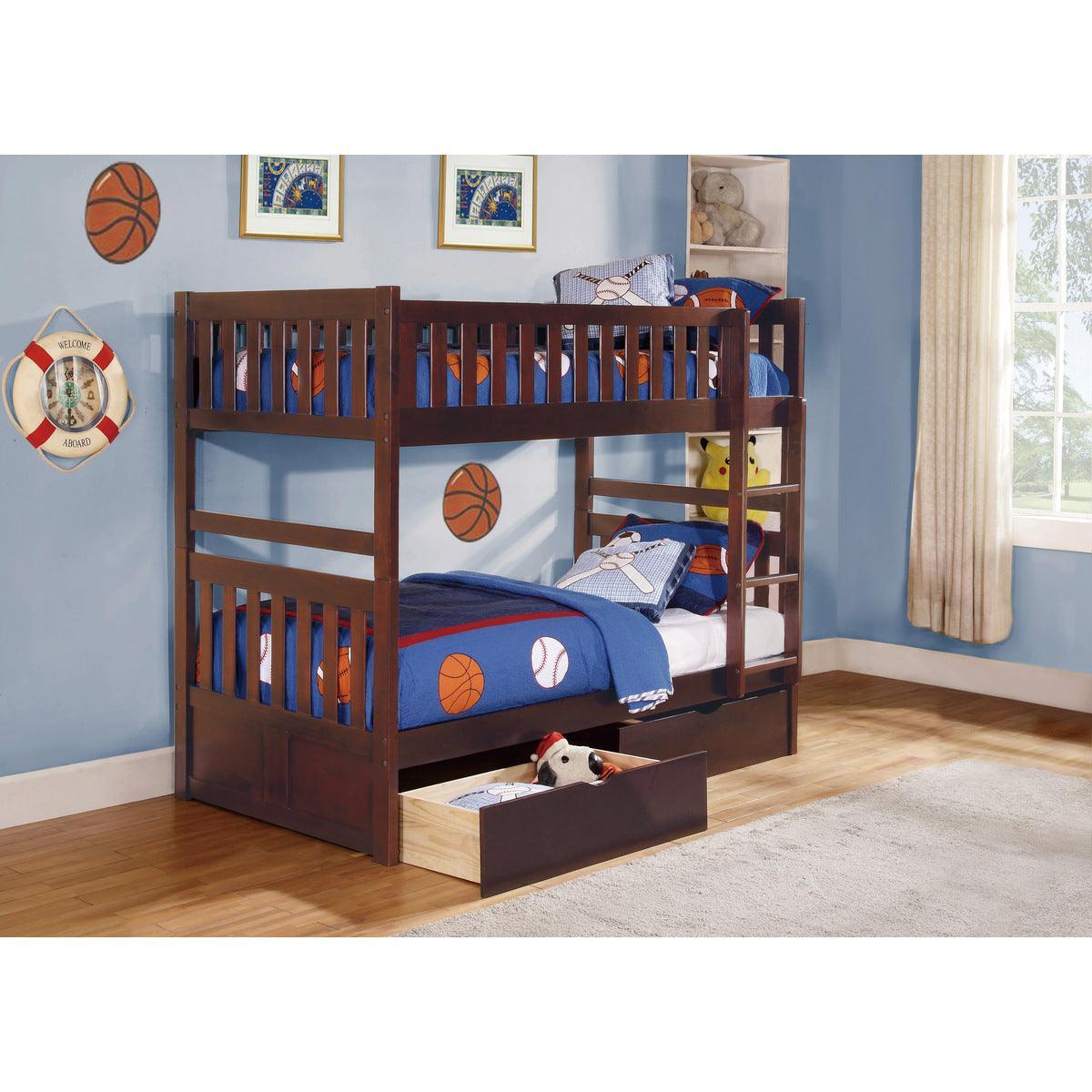 Rowe Dark Cherry Pine Veneer, Wood And Engineered Wood Twin/twin Bunk Bed With Storage Boxes - Ella Furniture