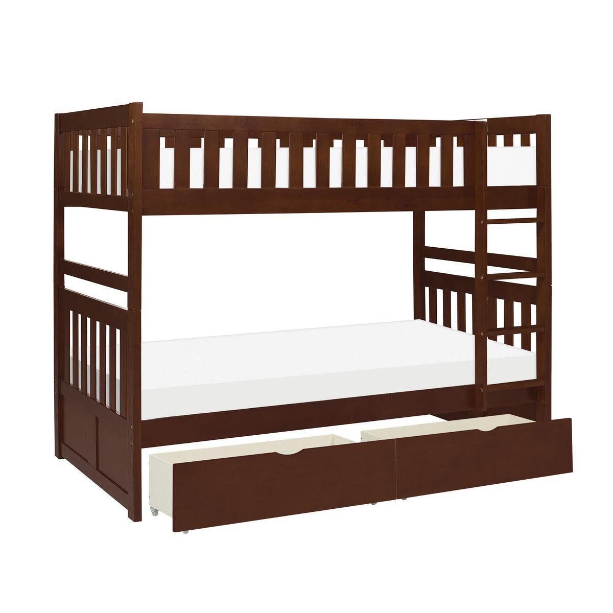 Rowe Dark Cherry Pine Veneer, Wood And Engineered Wood Twin/twin Bunk Bed With Storage Boxes - Ella Furniture