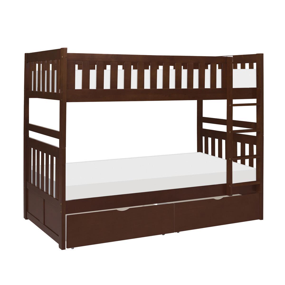 Rowe Dark Cherry Pine Veneer, Wood And Engineered Wood Twin/twin Bunk Bed With Storage Boxes - Ella Furniture