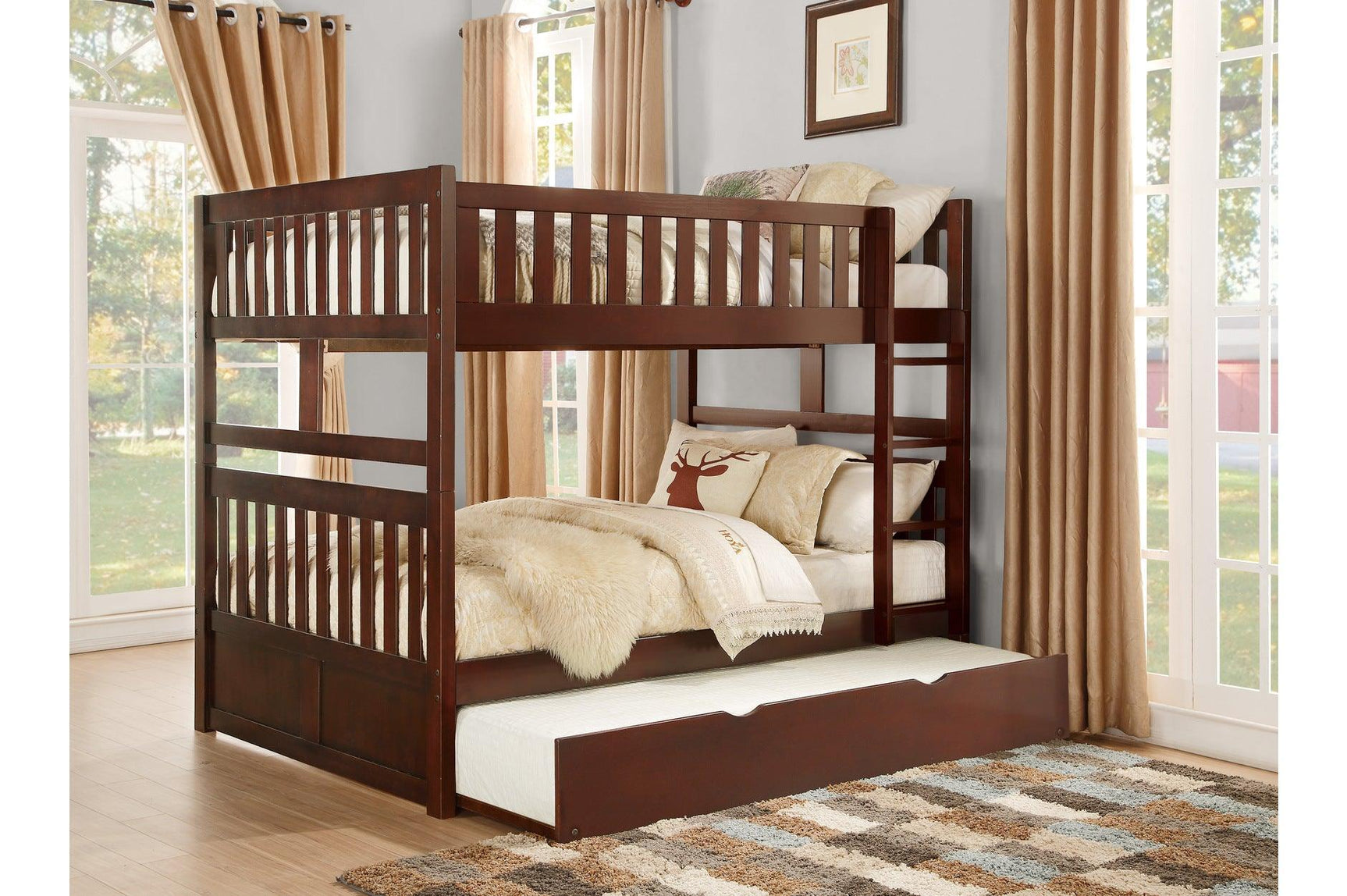 Rowe Dark Cherry Modern Transitional Solid Wood Youth Twin Over Twin Bedroom Set - Ella Furniture