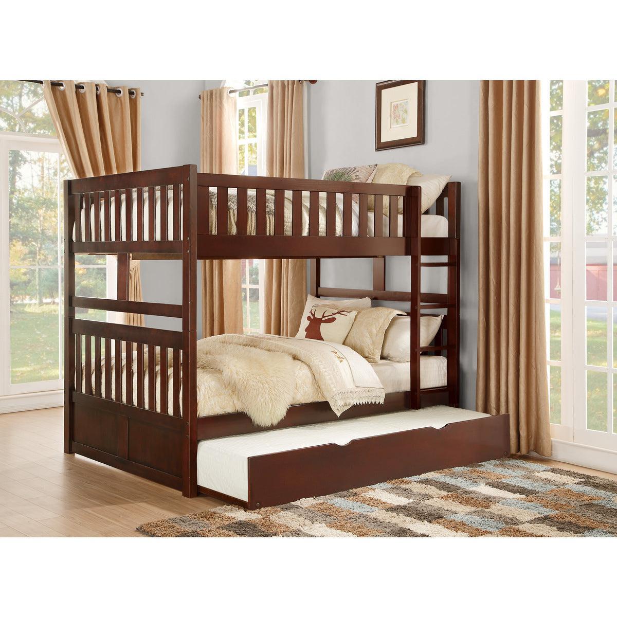 Rowe Dark Cherry Pine Veneer, Wood And Engineered Wood Full/full Bunk Bed With Twin Trundle - Ella Furniture