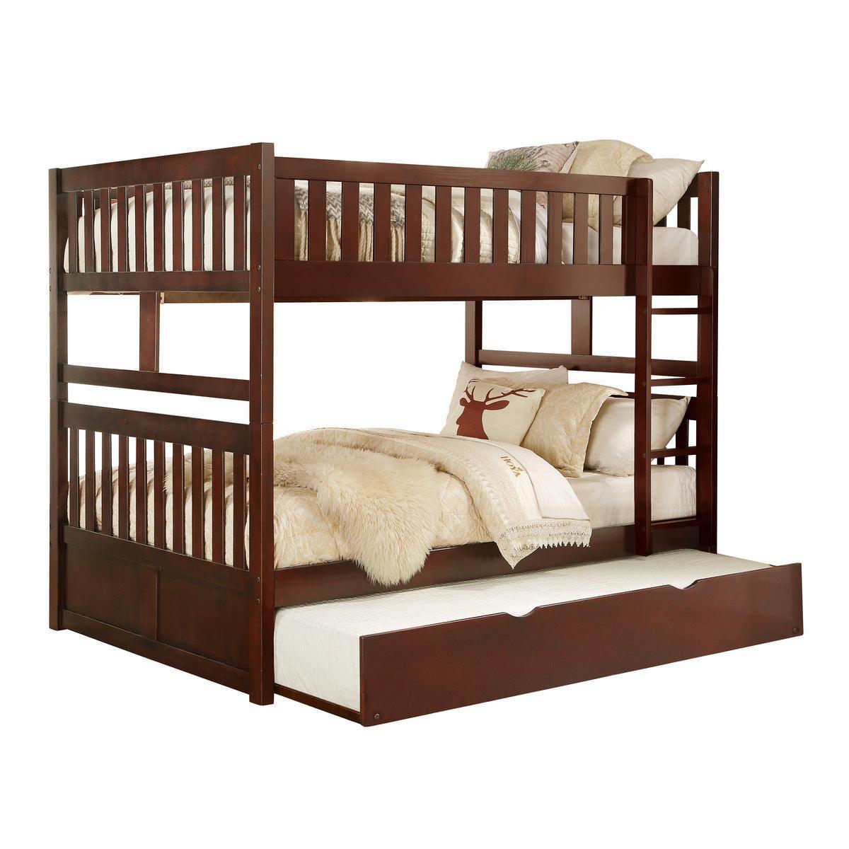 Rowe Dark Cherry Pine Veneer, Wood And Engineered Wood Full/full Bunk Bed With Twin Trundle - Ella Furniture