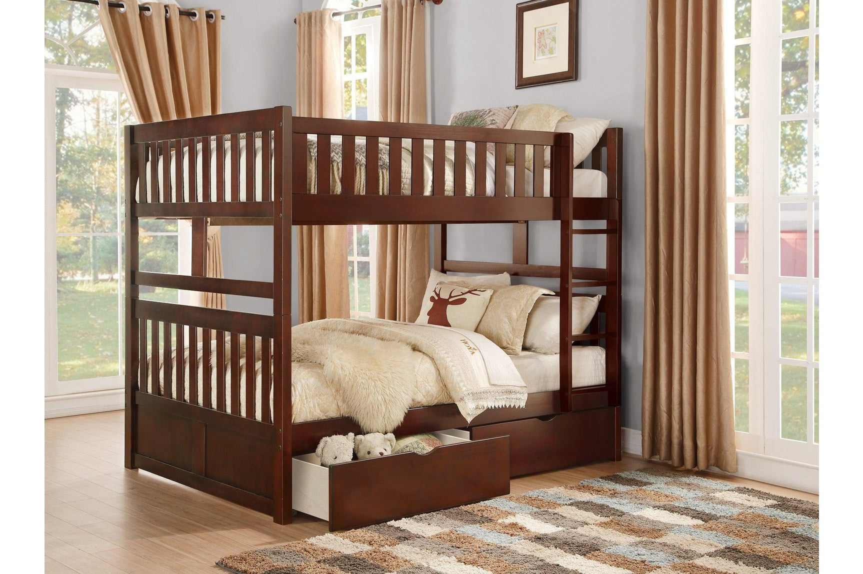 Rowe Dark Cherry Modern Transitional Solid Wood Youth Twin Over Twin Bedroom Set - Ella Furniture