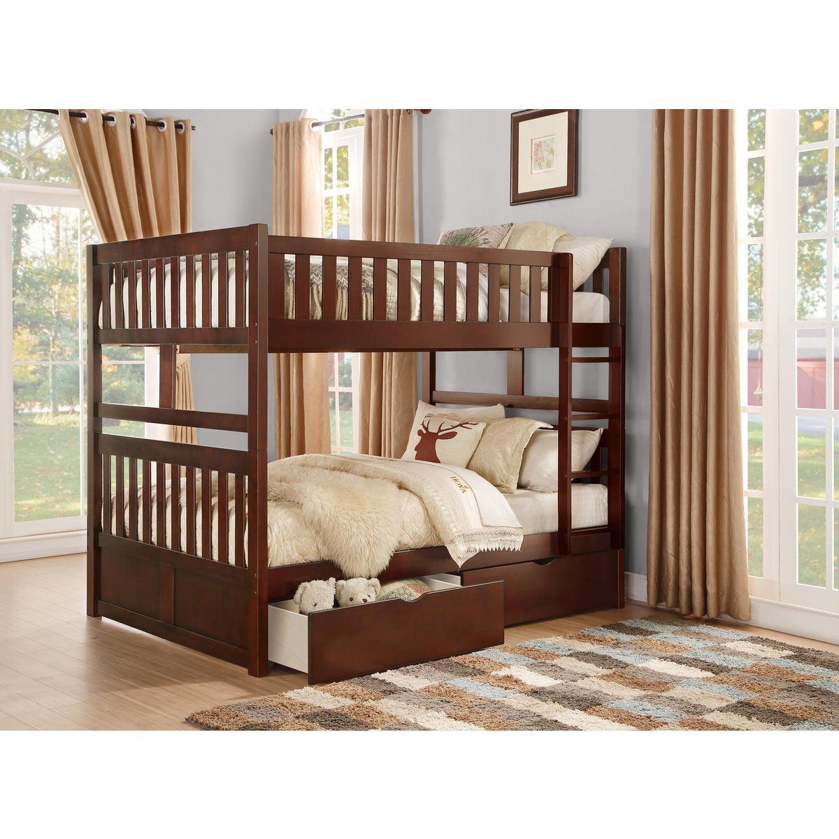 Rowe Dark Cherry Pine Veneer, Wood And Engineered Wood Full/full Bunk Bed With Storage Boxes - Ella Furniture