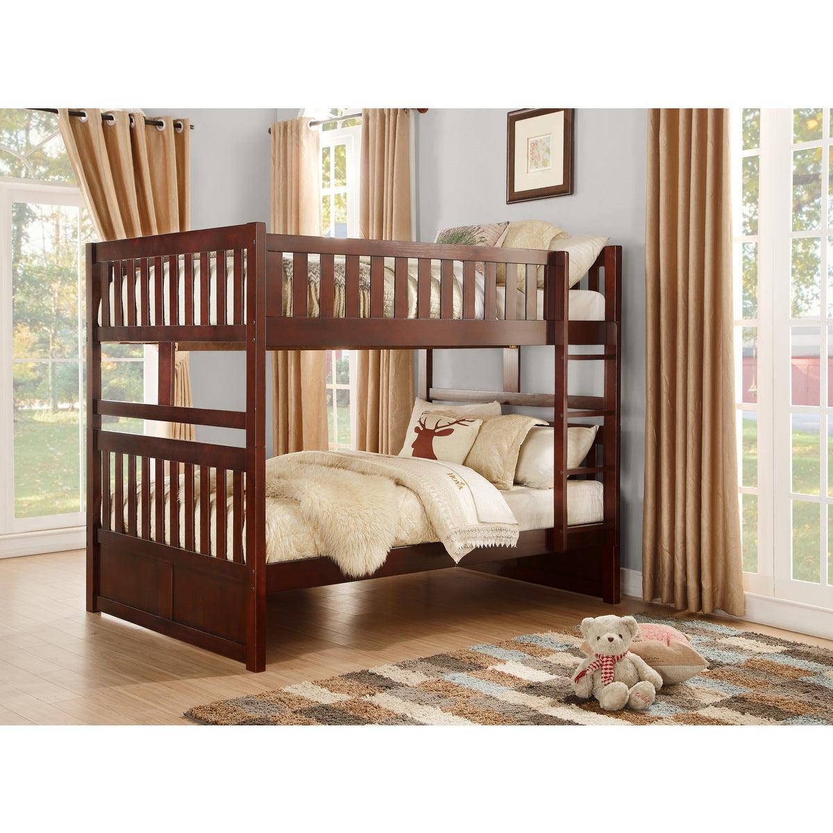 Rowe Dark Cherry Transitional Pine Veneer, Wood And Engineered Wood Full/full Bunk Bed - Ella Furniture