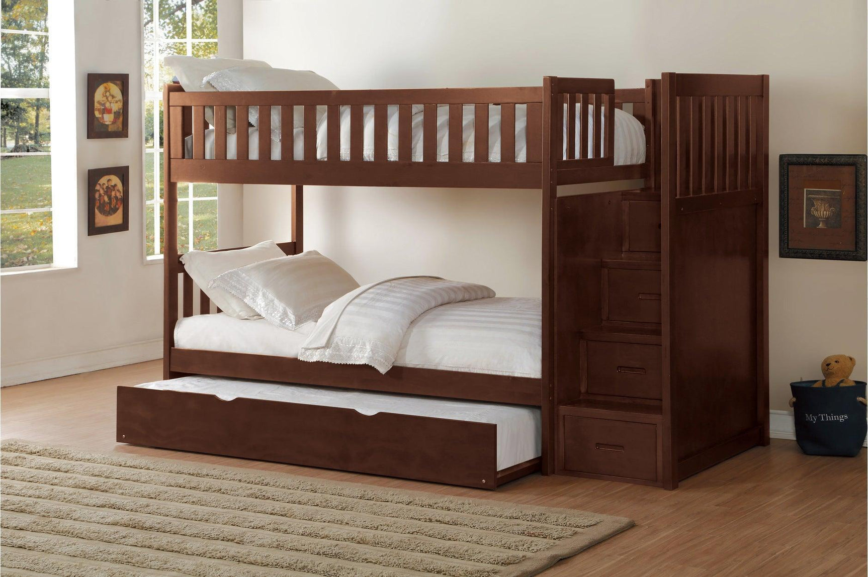 Rowe Dark Cherry Transitional Solid Wood Youth Twin Over Twin With Storage Stair Steps Bedroom Set - Ella Furniture