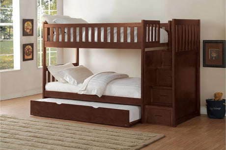 Rowe Dark Cherry Transitional Solid Wood Youth Twin Over Twin With Storage Stair Steps Bedroom Set - Ella Furniture