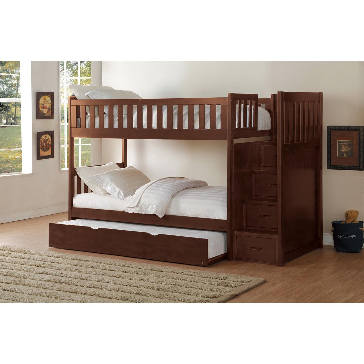 Rowe Dark Cherry Pine Veneer, Wood And Engineered Wood Twin/twin Step Bunk Bed With Twin Trundle - Ella Furniture