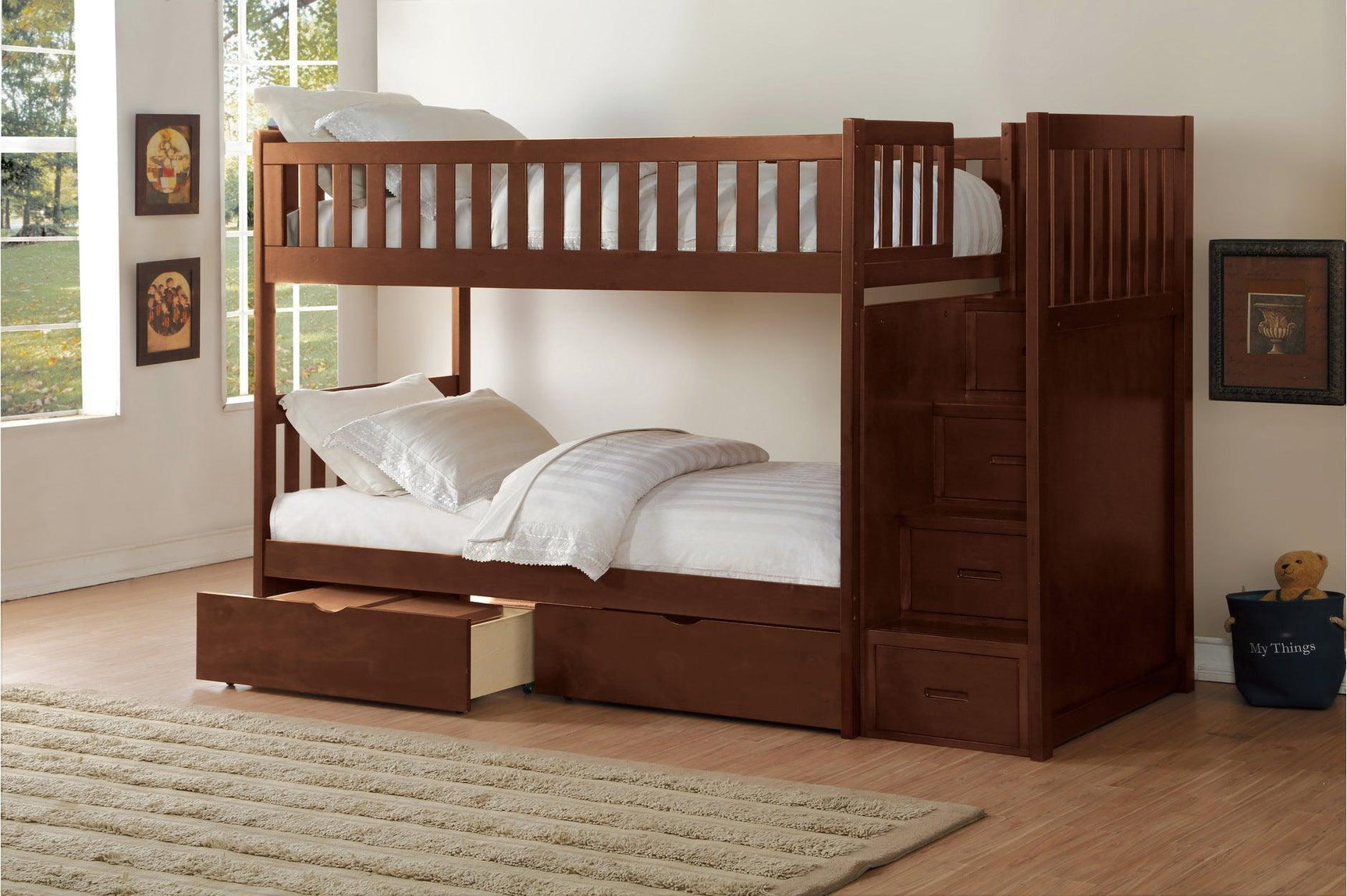Rowe Dark Cherry Transitional Solid Wood Youth Twin Over Twin With Storage Stair Steps Bedroom Set - Ella Furniture