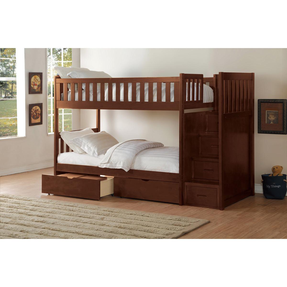 Rowe Dark Cherry Pine Veneer, Wood And Engineered Wood Twin/twin Step Bunk Bed With Storage Boxes - Ella Furniture