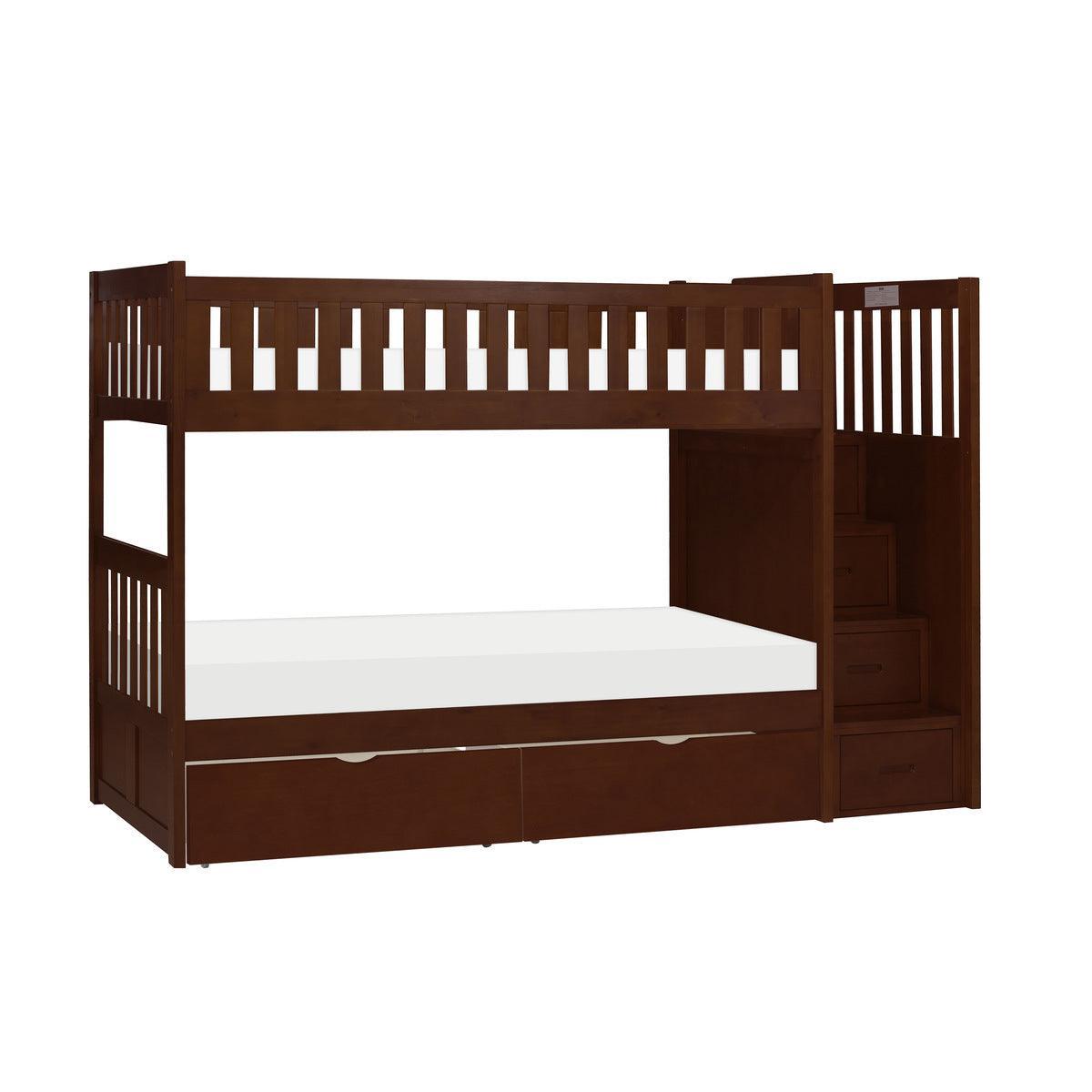 Rowe Dark Cherry Pine Veneer, Wood And Engineered Wood Twin/twin Step Bunk Bed With Storage Boxes - Ella Furniture