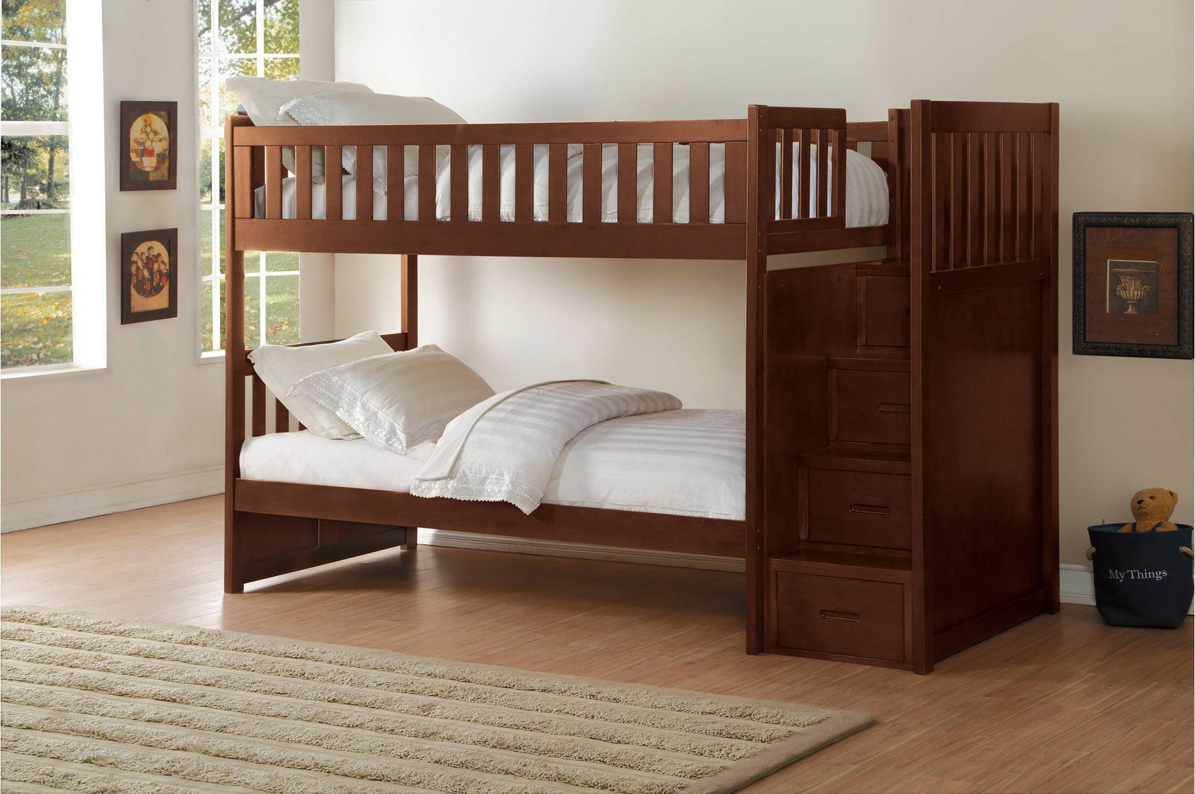 Rowe Dark Cherry Transitional Solid Wood Youth Twin Over Twin With Storage Stair Steps Bedroom Set - Ella Furniture