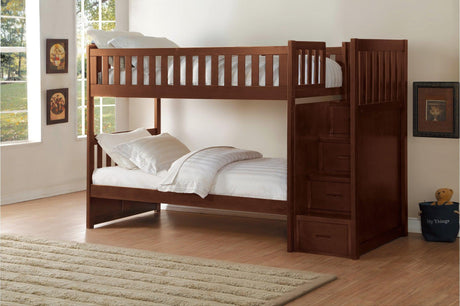 Rowe Dark Cherry Transitional Solid Wood Youth Twin Over Twin With Storage Stair Steps Bedroom Set - Ella Furniture