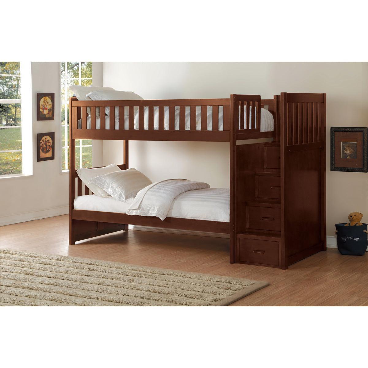 Rowe Dark Cherry Transitional Pine Veneer, Wood And Engineered Wood Twin/twin Step Bunk Bed - Ella Furniture
