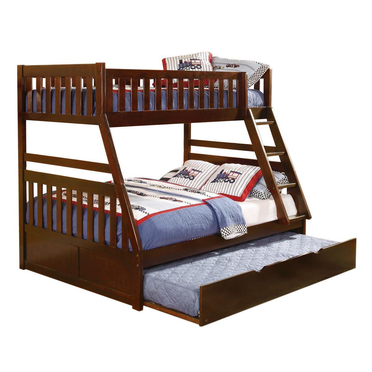 Rowe Dark Cherry Pine Veneer, Wood And Engineered Wood Twin/full Bunk Bed With Twin Trundle - Ella Furniture