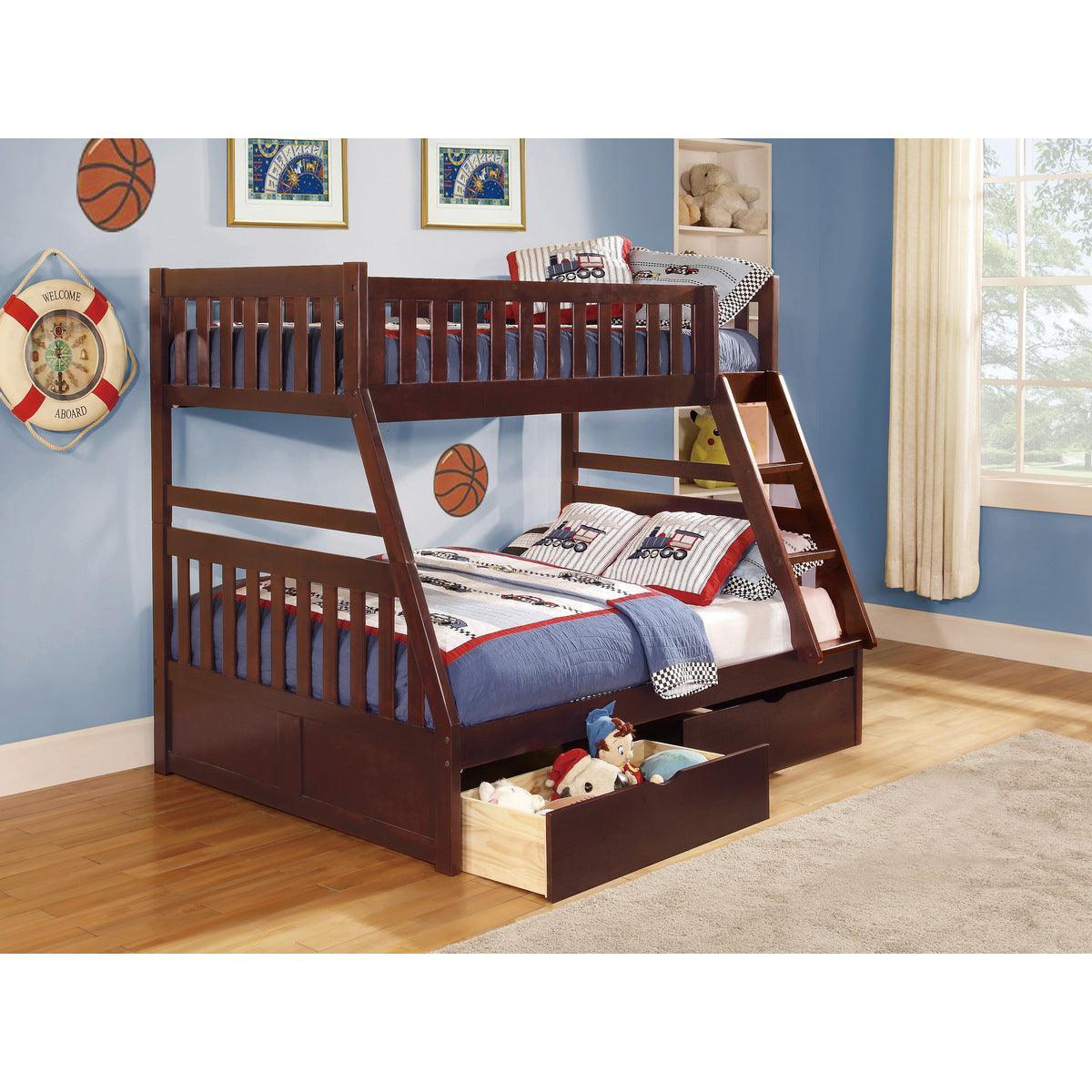 Rowe Dark Cherry Pine Veneer, Wood And Engineered Wood Twin/full Bunk Bed With Storage Boxes - Ella Furniture