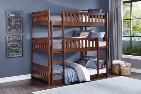 Rowe Dark Cherry Modern Transitional Solid Wood Youth Triple Twin Bunkbed - Ella Furniture