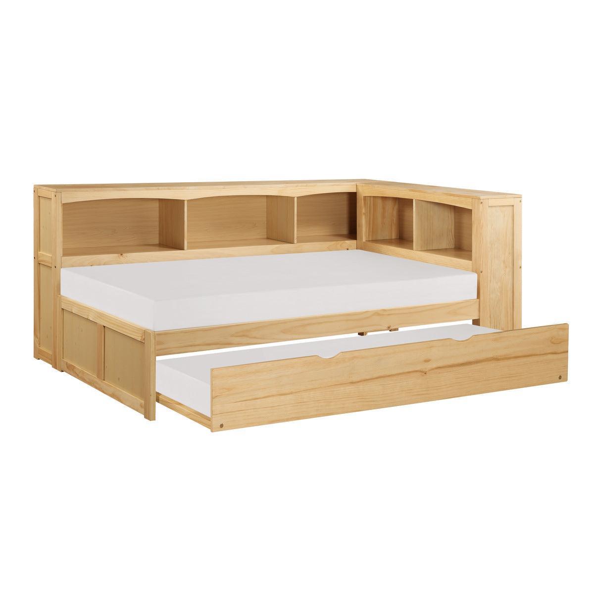 Bartly Natural Pine Pine Veneer, Wood, Engineered Wood Twin Bookcase Corner Bed With Twin Trundle - Ella Furniture