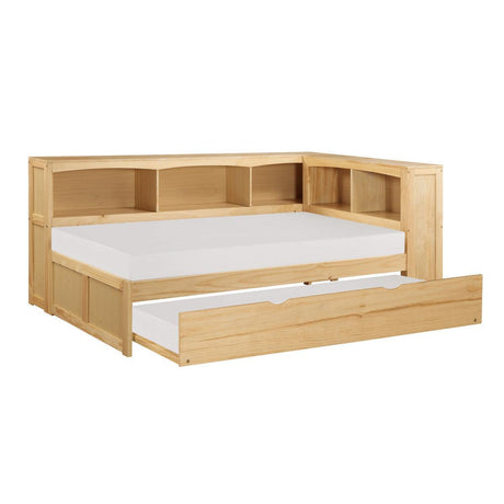 Bartly Natural Pine Wood And Engineered Wood Youth Twin Bookcase Corner Bed With Twin Trundle - Ella Furniture