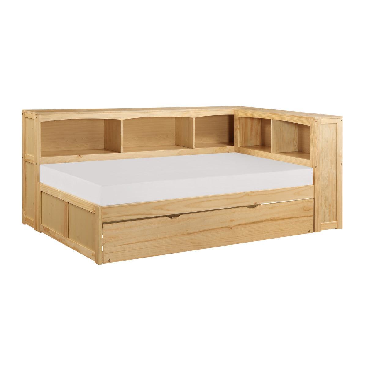 Bartly Natural Pine Pine Veneer, Wood, Engineered Wood Twin Bookcase Corner Bed With Twin Trundle - Ella Furniture