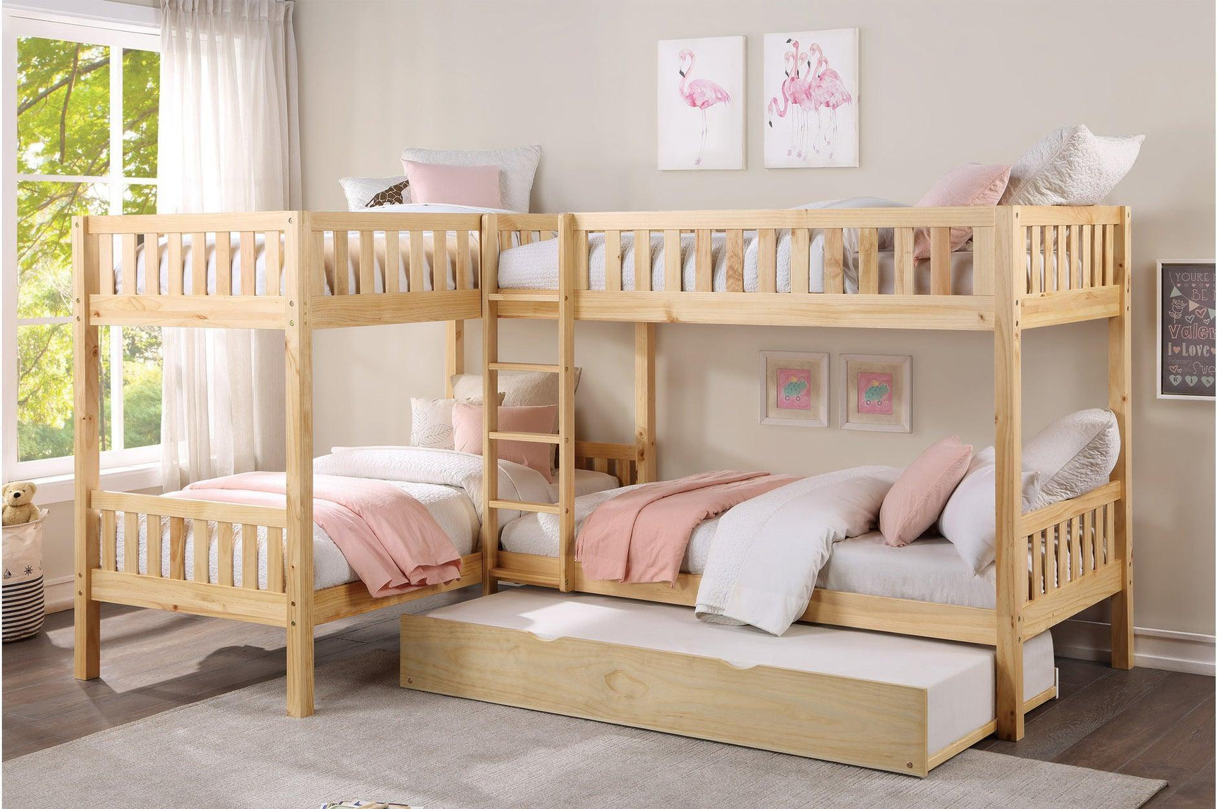 Bartly Natural Pine Modern Transitional Solid Wood Youth Corner Bunk Bedroom Set With Trundle - Ella Furniture