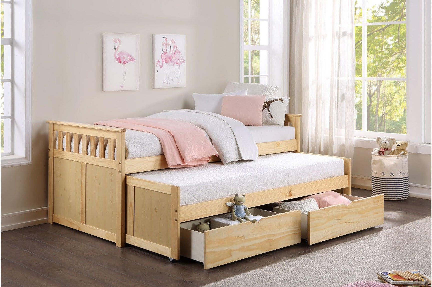Bartly Natural Pine Modern Transitional Solid Wood Youth Storage Bedroom Set - Ella Furniture