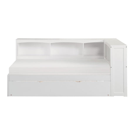 Galen White Transitional Wood And Engineered Wood Twin Bookcase Corner Bed With Twin Trundle - Ella Furniture