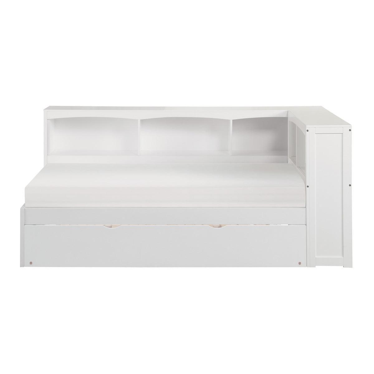 Galen White Transitional Wood, Engineered Wood Youth Twin Bookcase Corner Bed With Twin Trundle - Ella Furniture