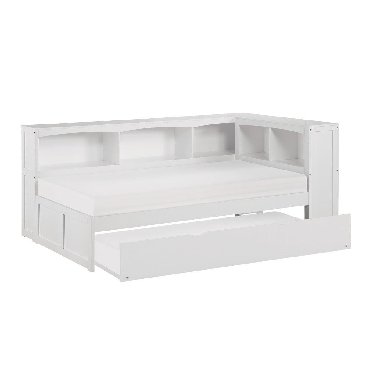 Galen White Transitional Wood And Engineered Wood Twin Bookcase Corner Bed With Twin Trundle - Ella Furniture