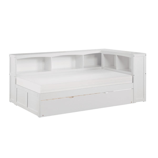 Galen White Transitional Wood And Engineered Wood Twin Bookcase Corner Bed With Twin Trundle - Ella Furniture