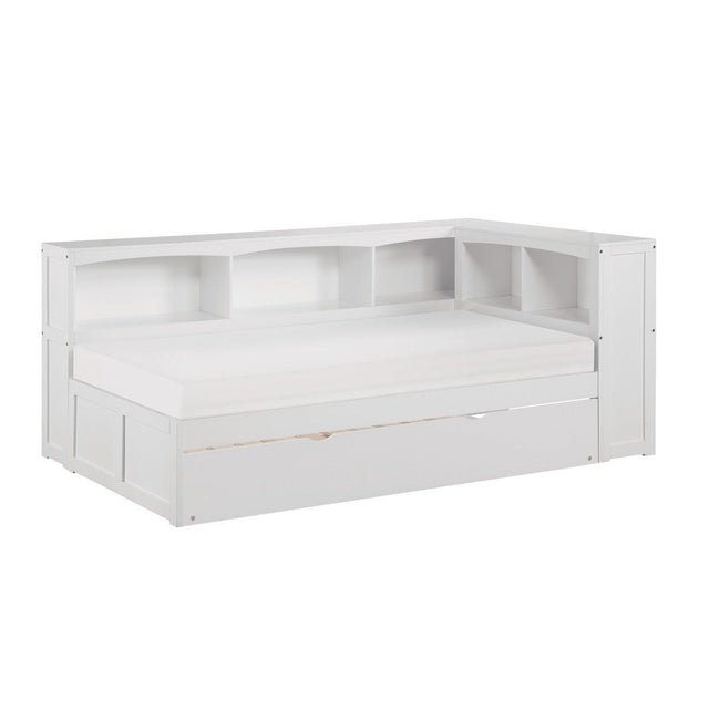 Galen White Transitional Wood And Engineered Wood Twin Bookcase Corner Bed With Twin Trundle - Ella Furniture